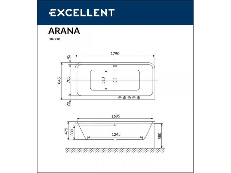 Купить Ванна гидромассажная Excellent Arana 180 x 85 см, NANO, хром, каркас в подарок