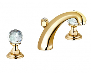 Смеситель Kludi Adlon 5104345G4 для раковины DN 15, на 3 отверстия, высокий излив, ручки хрусталь, цвет золото 23 карата