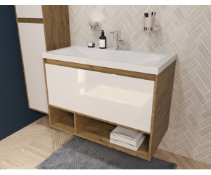 Тумба с раковиной Эстет Монако Wood 90 см, 1 ящик, ниша, белый/дуб рустикальный, ФР-00010685
