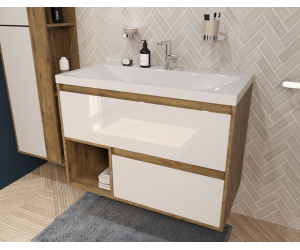Тумба с раковиной Эстет Монако Wood 90 см, 2 ящика, ниша, белый/дуб рустикальный, ФР-00010673
