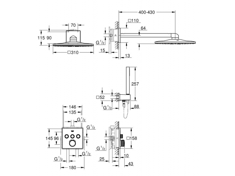 Купить Душевой комплект Grohe Grohtherm SmartControl 34706000, двухрежимный верхний душ квадратный