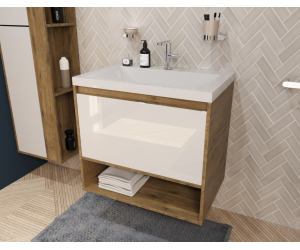 Тумба с раковиной Эстет Монако Wood 70 см, 1 ящик, ниша, белый/дуб рустикальный, ФР-00010679