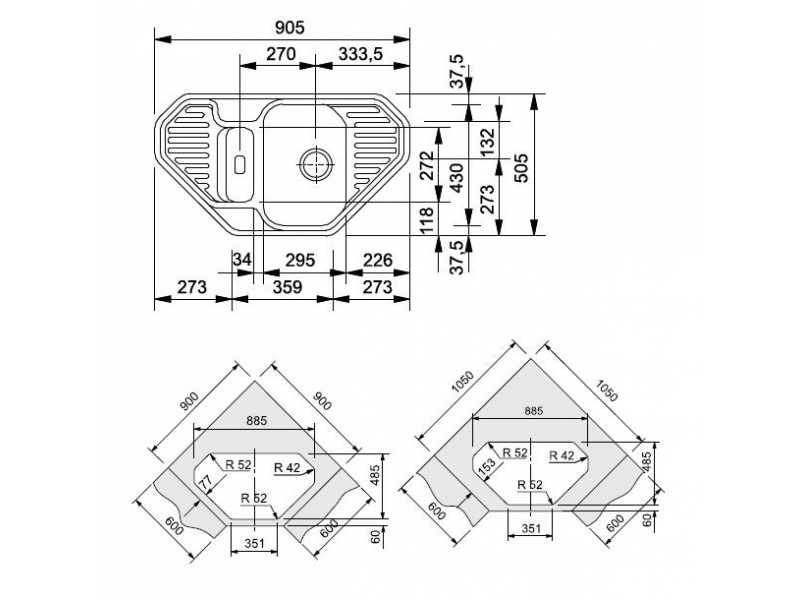 Купить Мойка угловая Franke EUROFORM EFG 682 E, 114.0185.112, гранит, установка сверху, цвет белый, 90,5*50,5 см