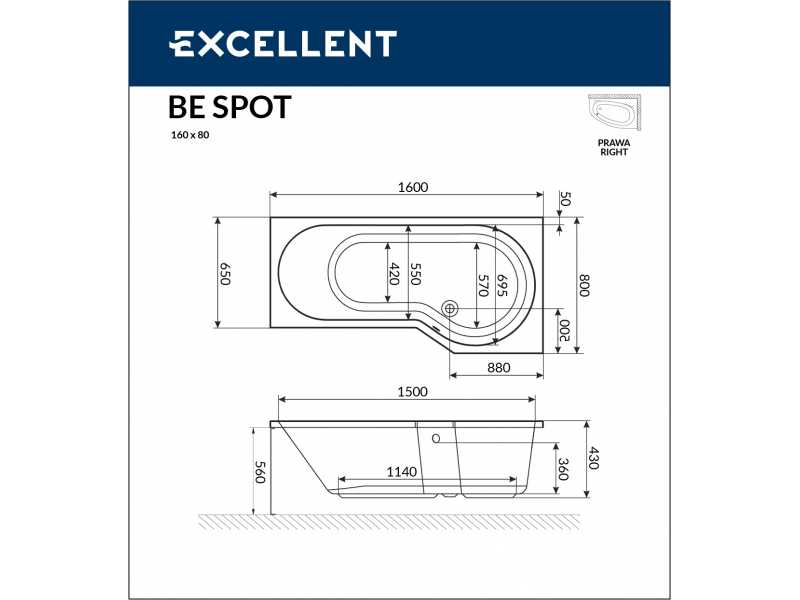 Купить Акриловая ванна Excellent Be Spot 160 x 80 см, с каркасом, левая/правая