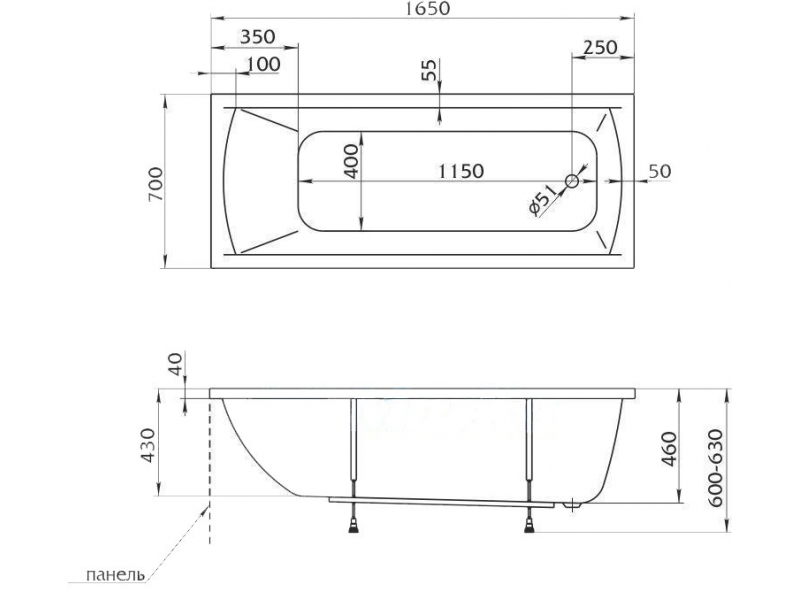 Купить Ванна 1MarKa MODERN, прямоугольная, 165 х 70 см (01мод16570)