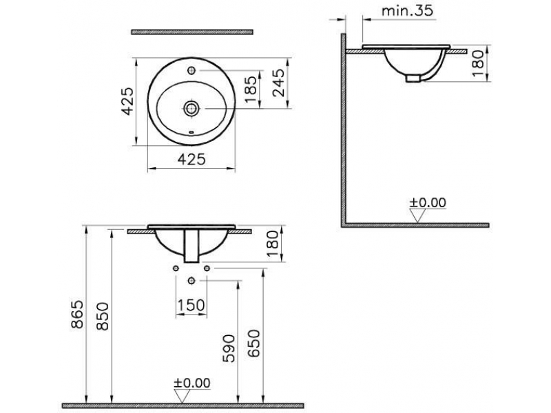 Купить Раковина Vitra S 20 5466B003-0001, 42.5 x 42.5 см, встраиваемая сверху