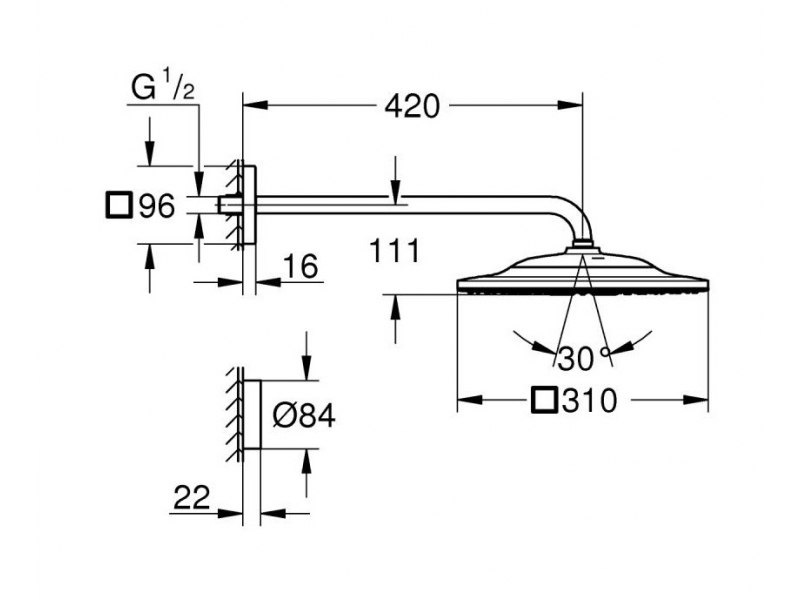 Купить Верхний душ Grohe Rainshower 310 SmartConnect 26642000, 31 x 31 x 6.6 см, 2 режима струи, с держателем, хром