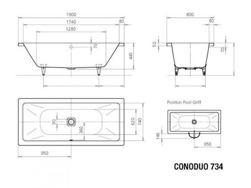 Купить Стальная ванна Kaldewei Conoduo мод. 734, 190 х 90 х 43 см, easy-clean, 2352.0001.3001