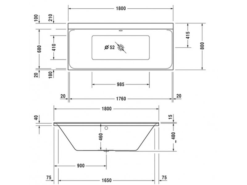 Купить Ванна акриловая Duravit P3 Comforts 700377000000000, 180 х 80 см