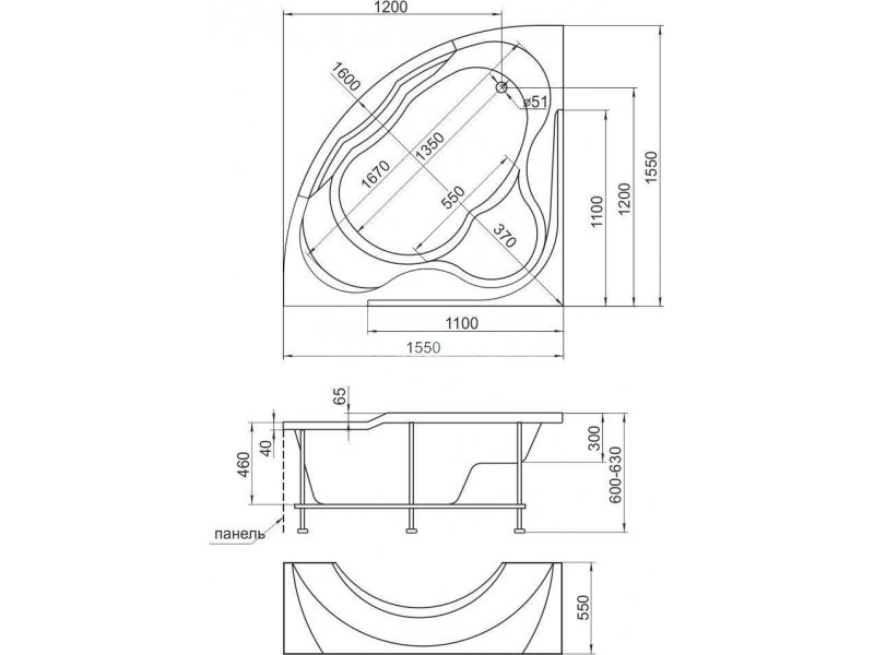 Купить Ванна 1MarKa GRAND LUXE, угловая, 155 х 155 см (01грл1515)