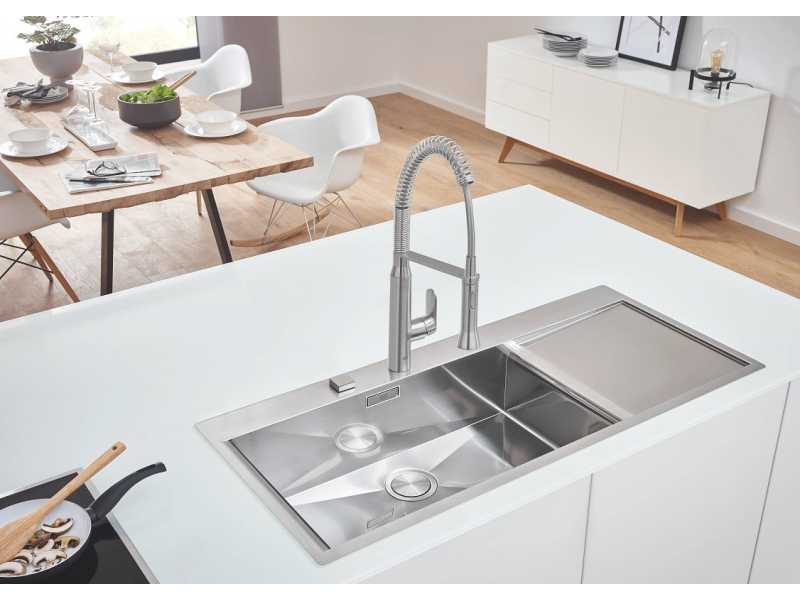 Купить Мойка кухонная из нержавеющей стали Grohe K1000 80-S 116/52 1.0, 31581SD0, с донным клапаном и сливным гарнитуром, крыло справа, хром