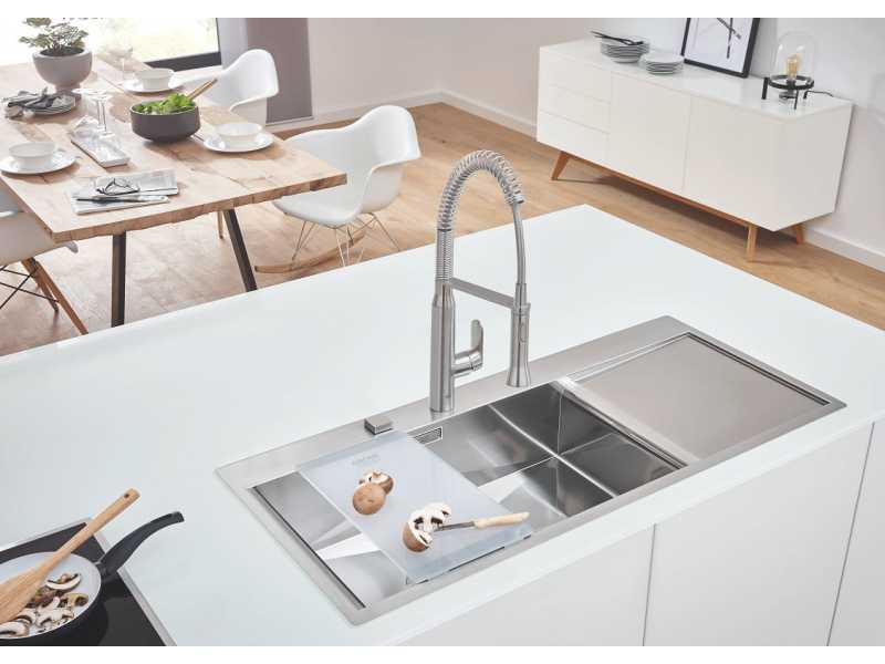 Купить Мойка кухонная из нержавеющей стали Grohe K1000 80-S 116/52 1.0, 31581SD0, с донным клапаном и сливным гарнитуром, крыло справа, хром