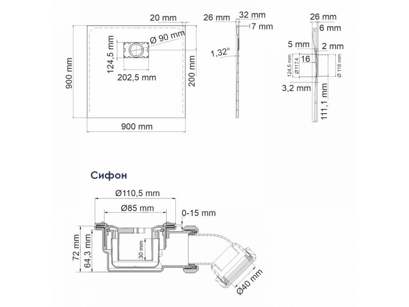 Купить Душевой поддон WasserKRAFT 74T03, квадратный, 90 х 90 см, SMC (стеклопластик), черный
