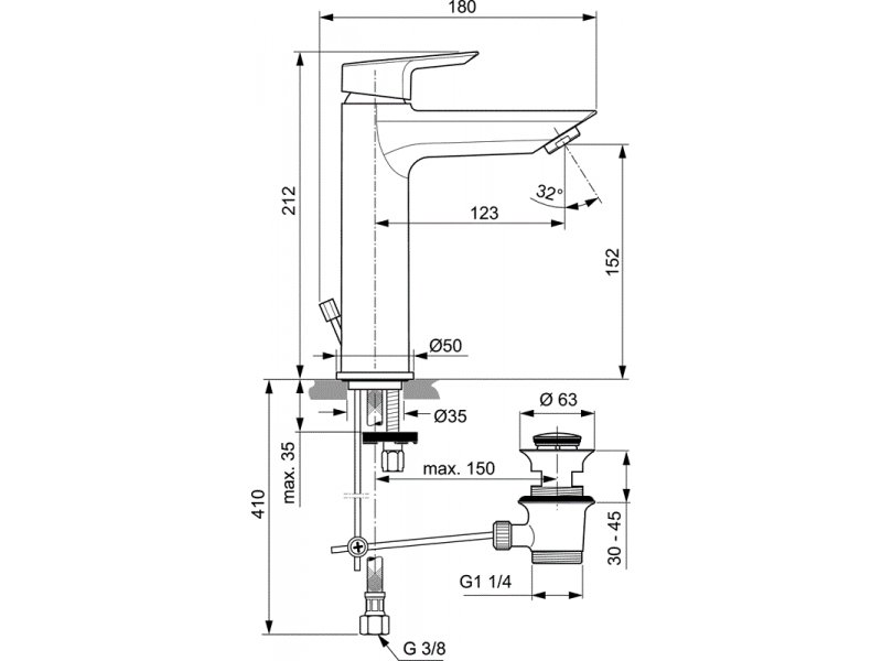 Купить Смеситель для раковины Ideal Standard Tesi Grande A6563AA с донным клапаном