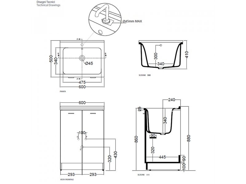 Купить Хозяйственная раковина Kerasan Aquadom 029201*1, 60 x 50 см, 1 отверстие, без тумбы и сифона 7535, белый