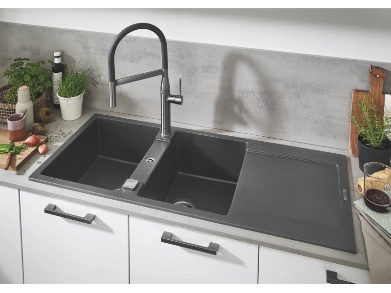 Купить Мойка кухонная из искусственного гранита Grohe K500, 31647AT0, 116 x 50 см, с корзинчатым фильтром и донным клапаном, серый гранит