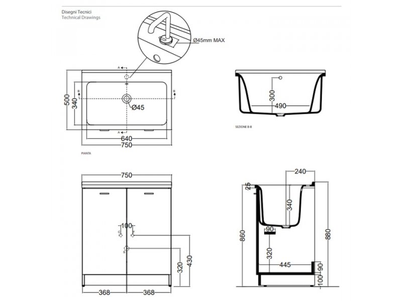 Купить Комплект для постирочной Kerasan Aquadom 9164k3*1, 75 x 50 см с 1 отверстием под смеситель, белый матовый