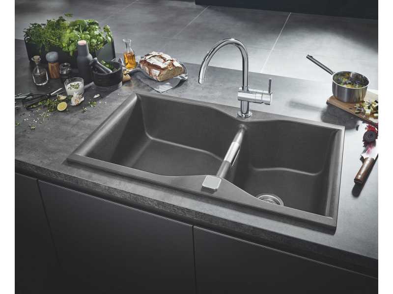 Купить Мойка кухонная из искусственного гранита Grohe K700, 31658AT0, 90 x 50 см, с корзинчатым фильтром и донным клапаном, серый гранит