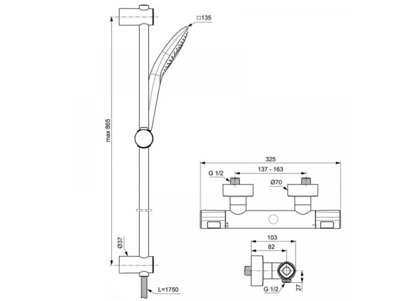 Купить Душевая система Ideal Standard Ceratherm T100 термостатическая, хром глянцевый, A7235AA
