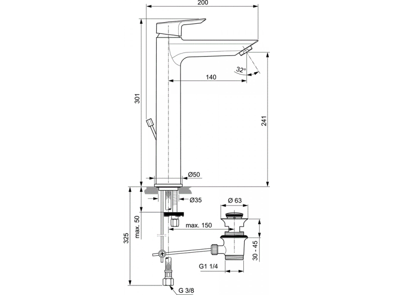 Купить Смеситель для раковины Ideal Standard Tesi Vessel A6573AA с донным клапаном