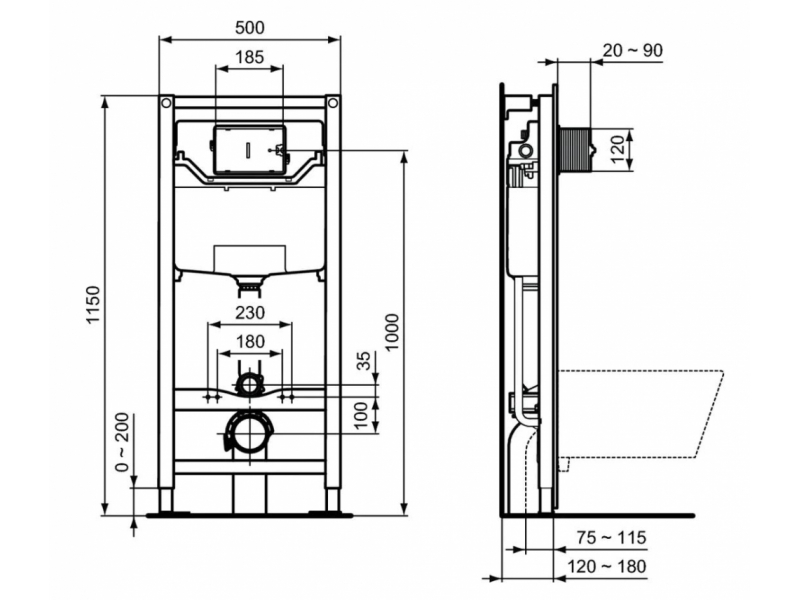 Купить Инсталляция Ideal Standard Prosys Frame 120 M с унитазом Connect Rimless E822301, сиденье микролифт, панель смыва, комплект, E8822301PC