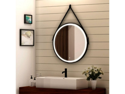 Зеркало Art&Max Milan AM-Mil-650-DS-F-Nero 65 см с подсветкой, на ремне из черной кожи