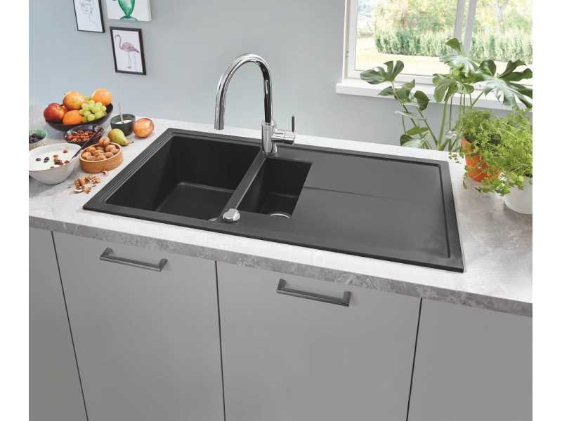 Купить Мойка кухонная из искусственного гранита Grohe K400, 31642AP0, 100 x 50 см, с корзинчатым фильтром и донным клапаном, черный гранит