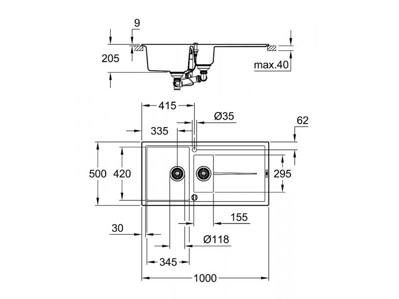 Купить Мойка кухонная из искусственного гранита Grohe K400, 31642AP0, 100 x 50 см, с корзинчатым фильтром и донным клапаном, черный гранит