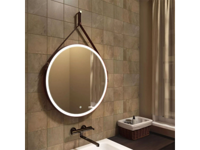 Зеркало Art&Max Milan AM-Mil-650-DS-F-Brown 65 см с подсветкой, на ремне из коричневой кожи