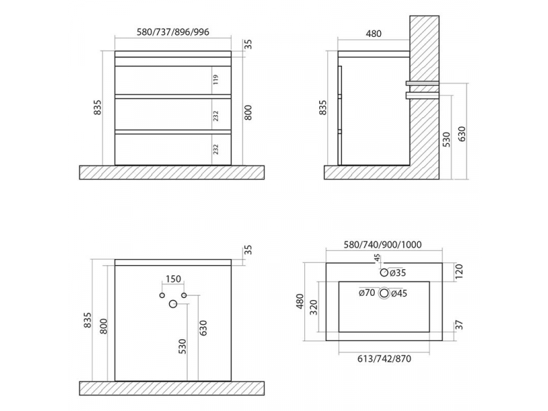 Купить Тумба под раковину Art&Max Family-900-3C-PIA-CV, 90 x 47 x 84.5 см напольная, серый (Cemento Veneto)