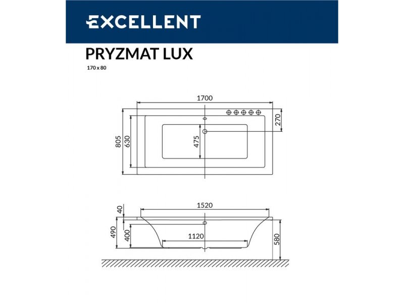 Купить Ванна гидромассажная Excellent Pryzmat LUX 170 x 80 см, LINE, хром, каркас в подарок