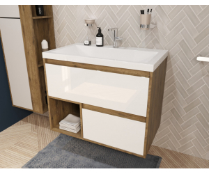 Тумба с раковиной Эстет Монако Wood 80 см, 2 ящика, ниша, белый/дуб рустикальный, ФР-00010675