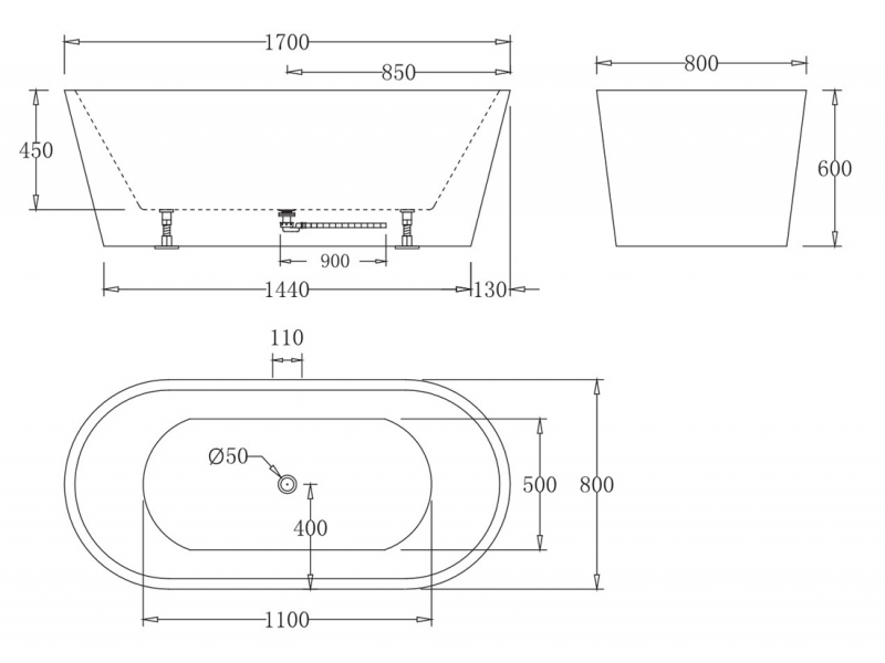 Купить Акриловая ванна BelBagno BB71-1700-NERO, 1700x800x600