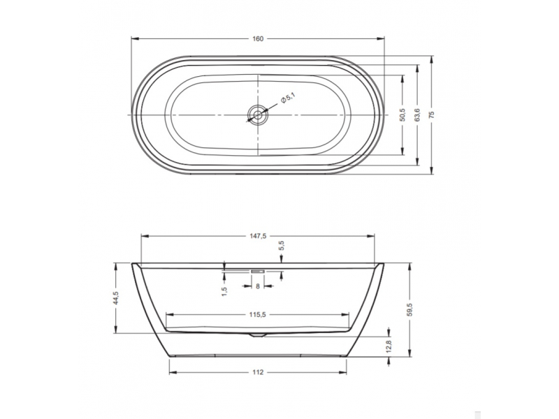 Купить Ванна акриловая Riho Inspire 160 x 75 x 60 см, BD10105, отдельностоящая, белый матовый