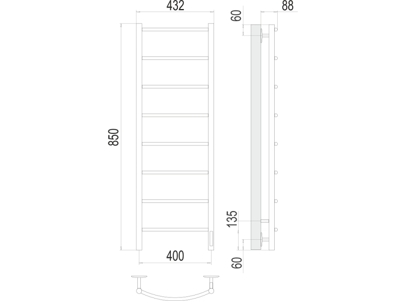 Купить Полотенцесушитель электрический Terminus Классик П8 400х850 Электро (quick touch), ширина 40 см, высота 85 см, диммер справа, 4670078531346