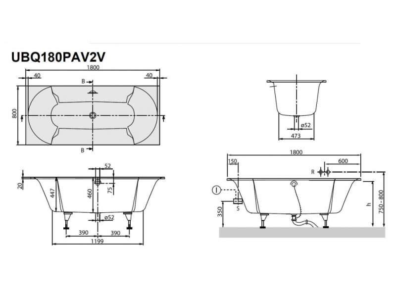 Купить Ванна квариловая Villeroy&Boch Pavia 180 х 80 см UBQ180PAV2V-01, Quaryl®, Alpin