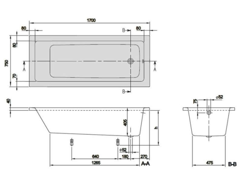 Купить Ванна акриловая 1700x700х410 Villeroy & Boch Targa Plus Mono UBA177NES2V01+U99740000 ножки в комплекте