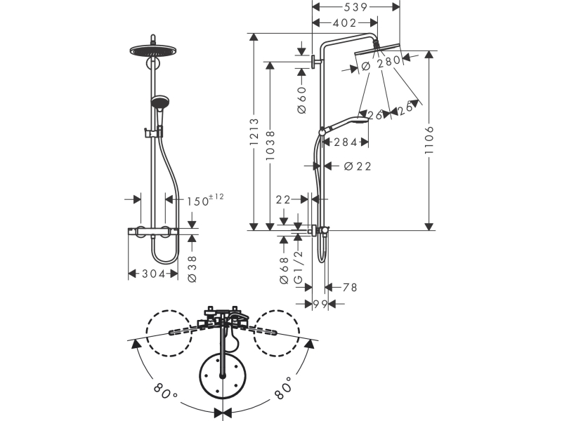 Купить Душевая система Hansgrohe Croma Select S 280 1 режим струи 26890140, шлифованная бронза