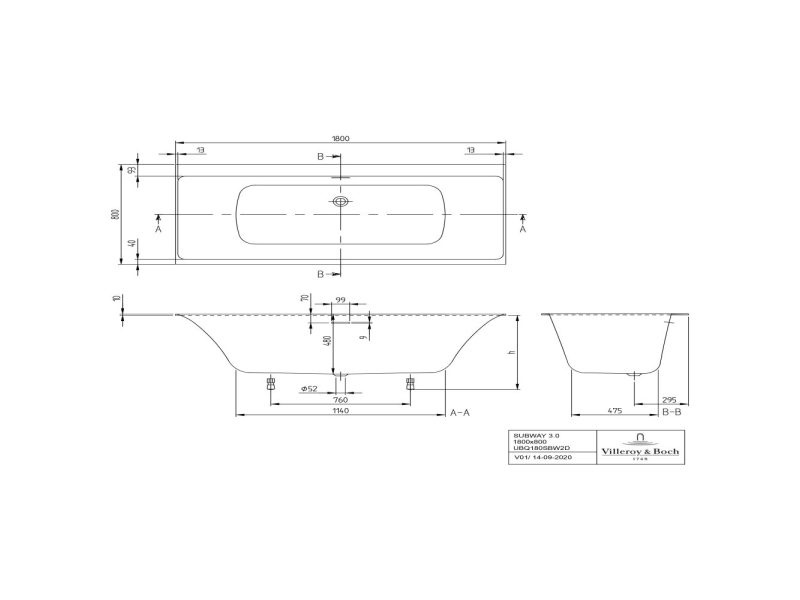 Купить UBQ180SBW2DV-01 SUBWAY 3.0 Ванна 1800x800x480, материал кварил Quaryl®, слив/перелив + ножки