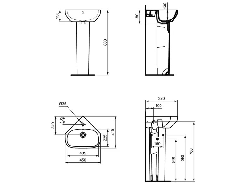 Купить T471101 Ideal Standard i.life A Угловой умывальник для рук 45x41 см, с отверстием под смеситель, с отверстием перелива, без крепежа