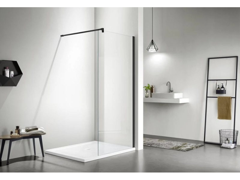 Купить AQ WIW 10020BL Душевая перегородка Walk in с держателем 1000x2000 профиль черный, стекло прозрачное